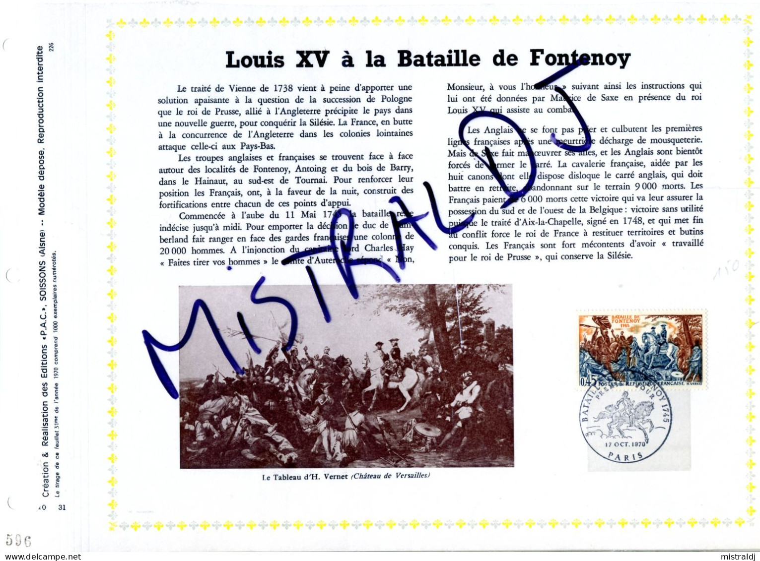 Rare Feuillet PAC (précurseur De CEF) De 1970 - Louis XV à La BATAILLE DE FONTENOY - 1970-1979