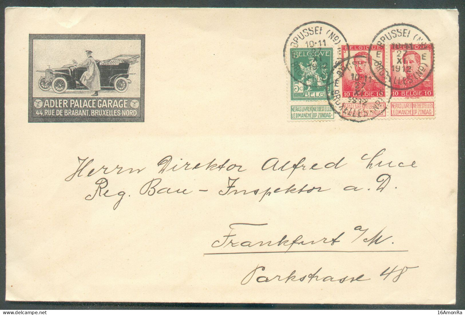 N°110-111(2) - Affr; PELLENS à 25c. Obl. Sc BRUXELLES (N°) Sur Enveloppe Illustrée (AUTO ADLER PALACE GARAGE) Du 27-XI-1 - 1912 Pellens