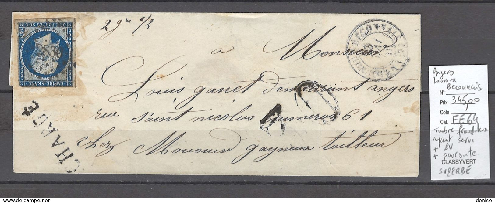 France - Lettre Avec Timbre Deja Servi - Angers - Louroux Beconnais + Dossier D'amende - 1856 - 1849-1876: Période Classique