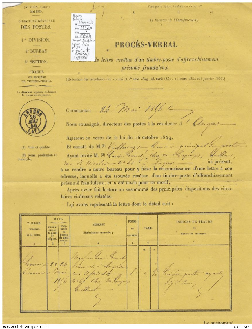 France - Lettre Avec Timbre Deja Servi - Angers - Louroux Beconnais + Dossier D'amende - 1856 - 1849-1876: Periodo Clásico