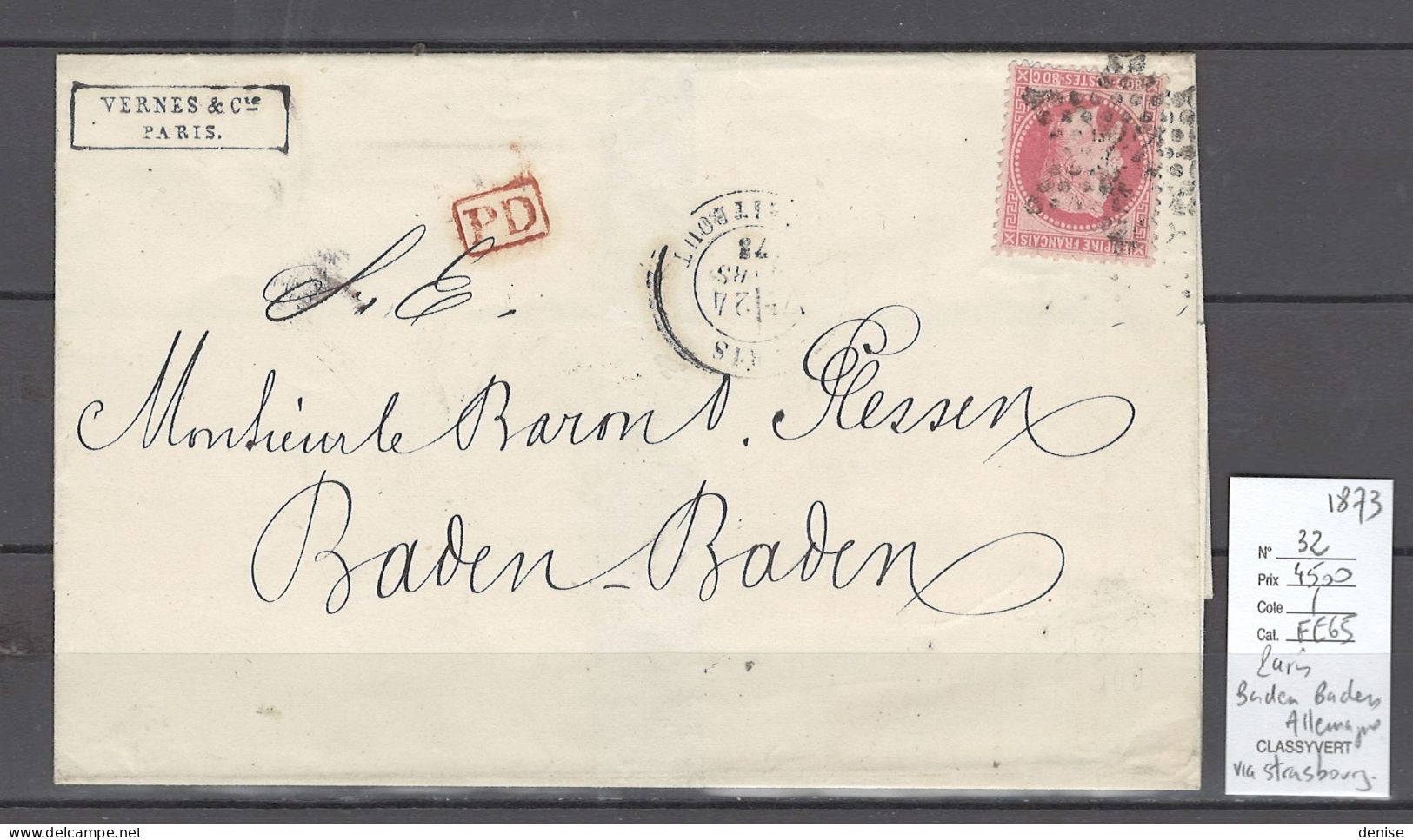 France - Lettre Pour Baden Baden - Allemagne Via Strasbourg - 1873 - 1849-1876: Période Classique