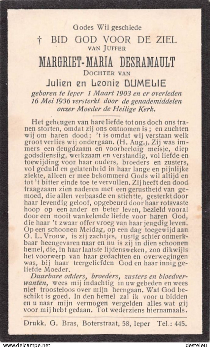 Doodsprentje / Image Mortuaire Margriet Desramault - Dumelie Ieper 1903-1936 - Overlijden