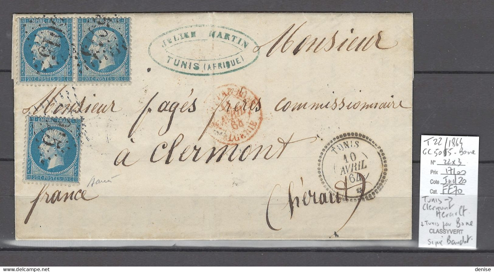 France - Lettre De Tunis Pour Clermont - Herault - 1864 - T22 + GC5015 Bone - Algérie - 1849-1876: Classic Period
