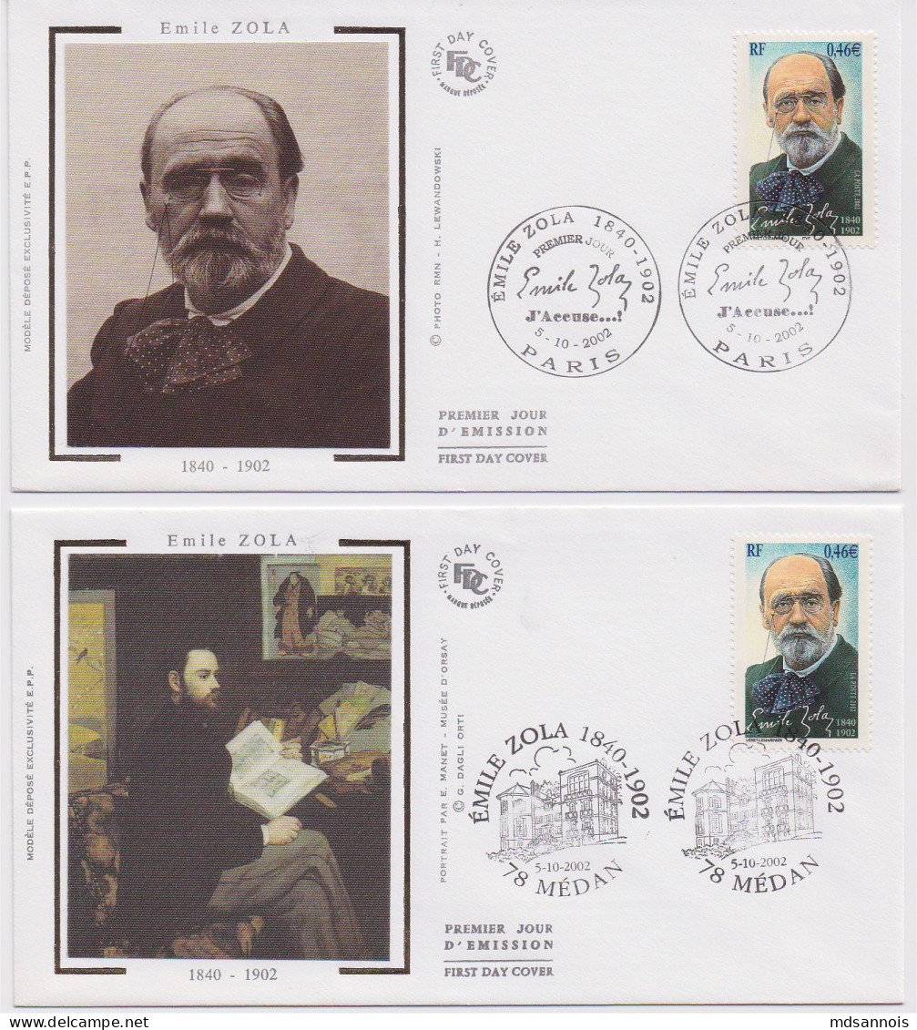 FDC Lot De 2 Emile Zola 5 Octobre 2002 Cachet Médan (Yveline) Et Paris (premier Jour) - 2000-2009