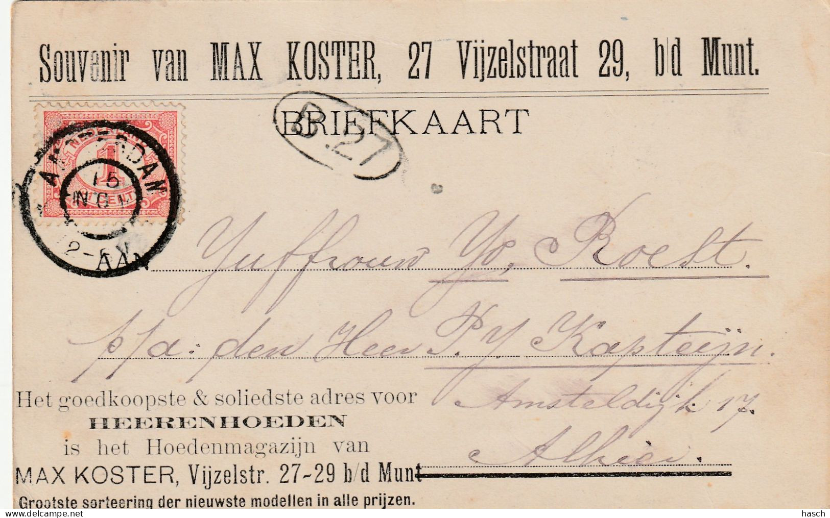 4936 13 Amsterdam, Beurs. Souvenir Van Max Koster, 27 Vijzelstraat 29, B/d Munt. (Rond 1900) (Zie Achterkant)  - Amsterdam