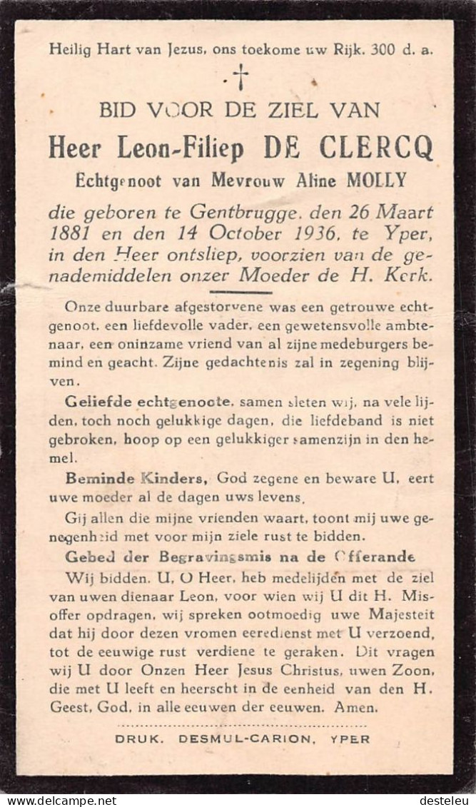 Doodsprentje / Image Mortuaire Leon De Clercq - Molly Gentbrugge Ieper 1881-1936 - Overlijden