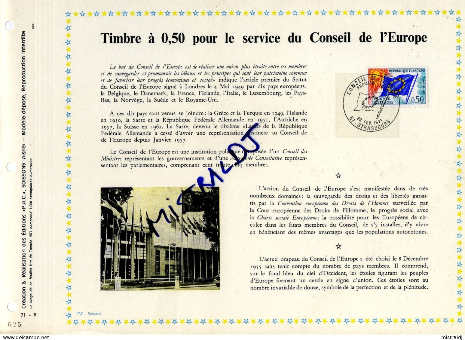 Rare Feuillet PAC (précurseur De CEF) De 1971 - Timbre à 0,50 Pour Le Service Du CONSEIL DE L'EUROPE - 1970-1979