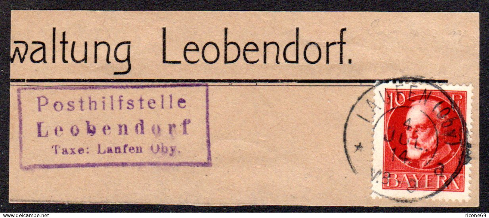Bayern 1914, Posthilfstelle LEOBENDORF Taxe Laufen Auf Briefstück M. 10 Pf. - Lettres & Documents
