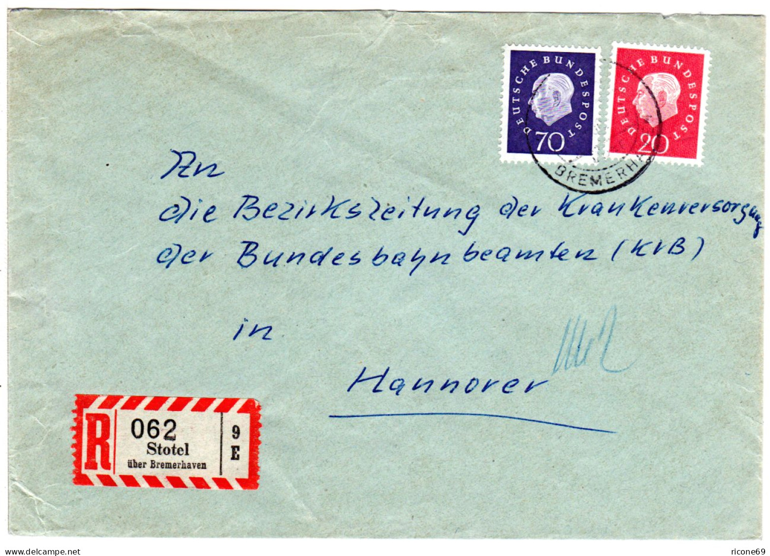 BRD 1962, 20+70 Pf Heuss Auf Einschreiben Brief V. Stotel über Bremerhaven - Storia Postale