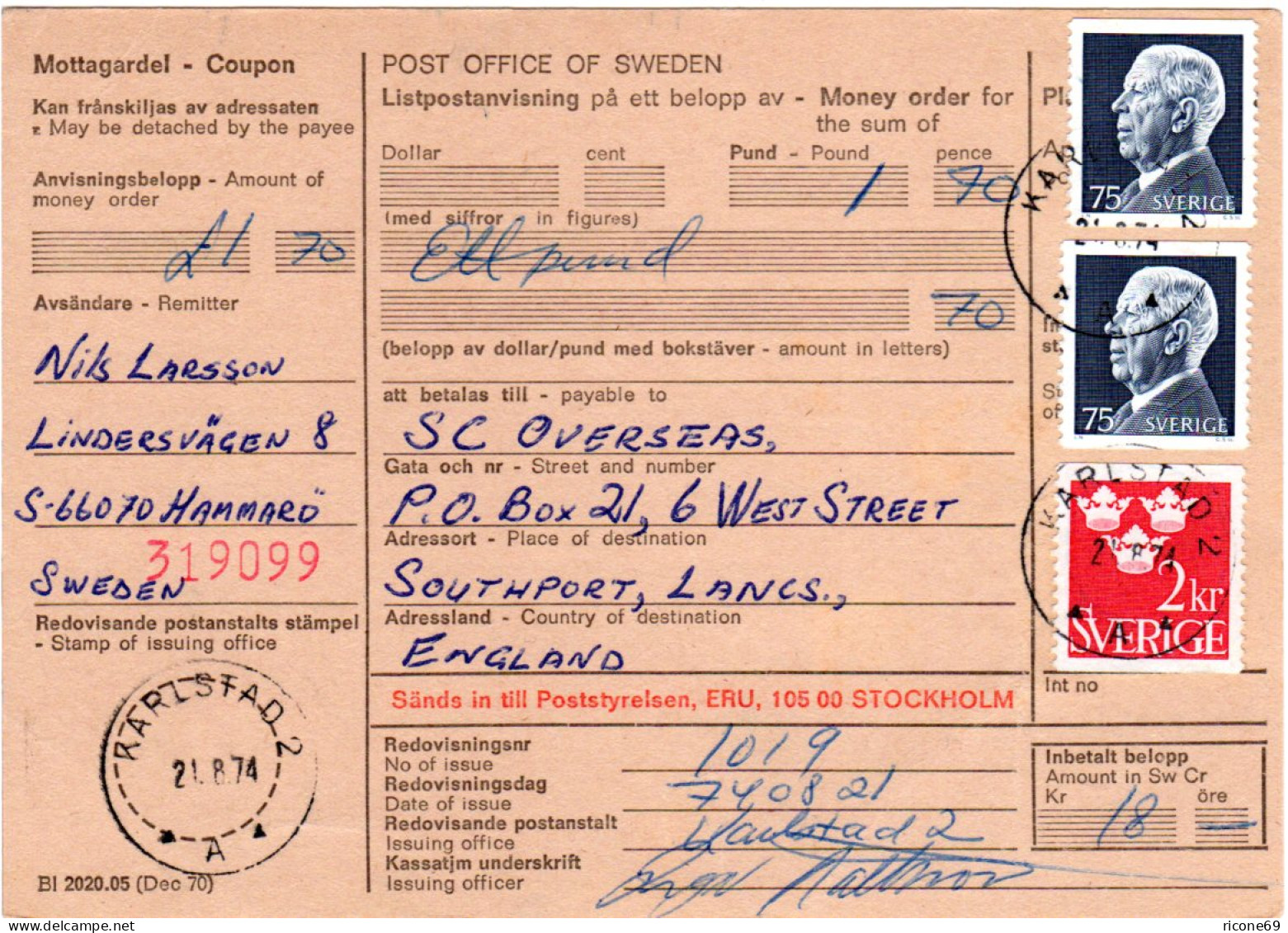 Schweden 1974, 2x75 öre+2 Kr. Auf Internat. Postanweisung V. Karlstad N. GB - Covers & Documents