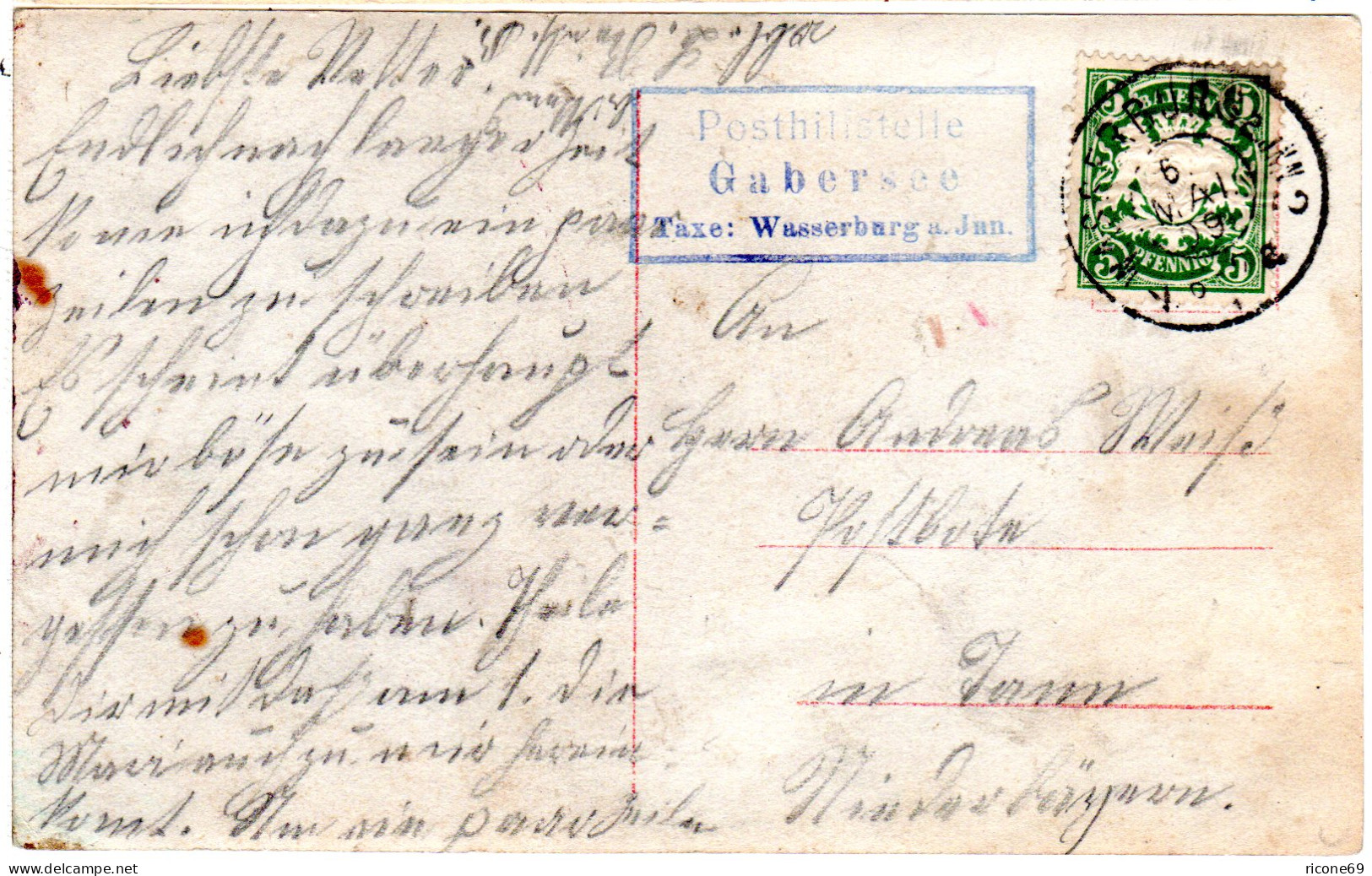 Bayern 1909, Posthilfstelle GABERSEE Taxe Wasserburg A. Inn Auf Karte M. 5 Pf. - Covers & Documents