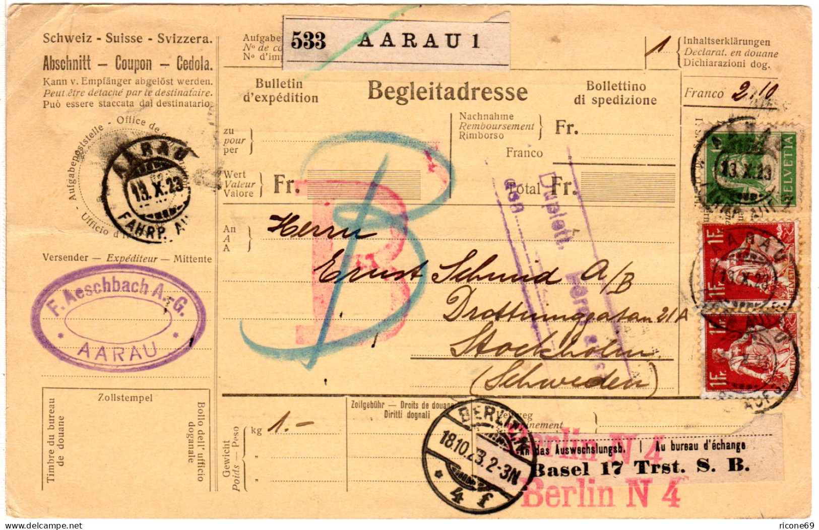 Schweiz 1923, 10 C.+2x1 Fr. Auf Paketkarte V. Aarau N. Schweden. - Brieven En Documenten