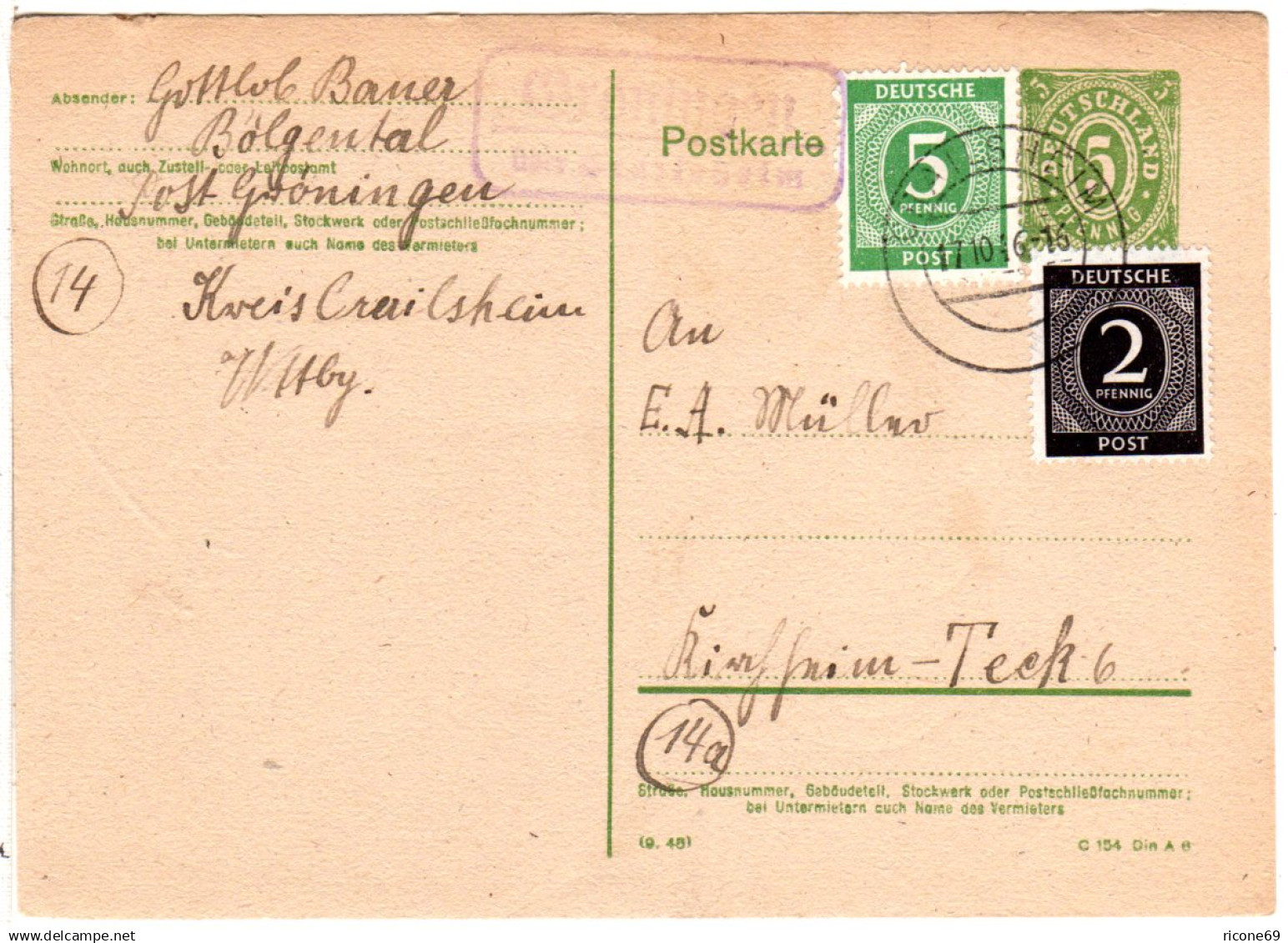 1946, Landpost Stpl. GRÖNINGEN über Crailsheim Auf 5 Pf. Ganzsache M. Zusatzfr. - Lettres & Documents