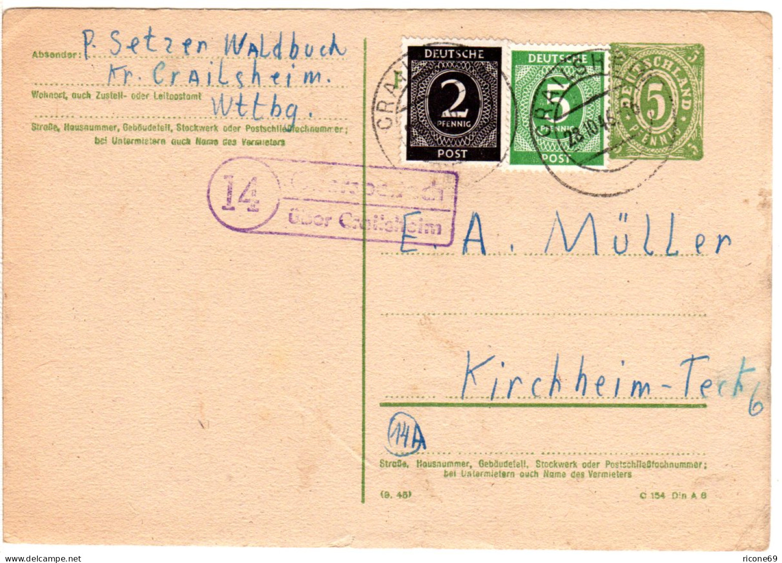1946, Landpost Stpl. 14 OBERSPELTACH über Crailsheim Auf Ganzsache M. Zusatzfr. - Lettres & Documents