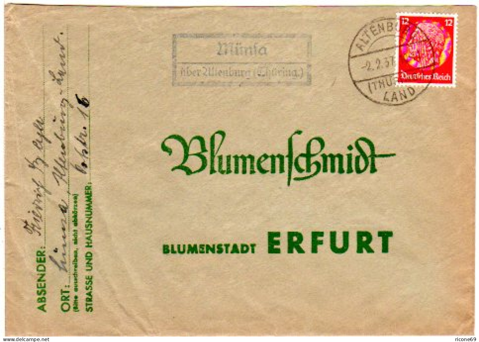 DR 1937, Landpost Stpl. MÜNSA über Altenburg (Thüringen) Auf Brief M. 12 Pf. - Lettres & Documents