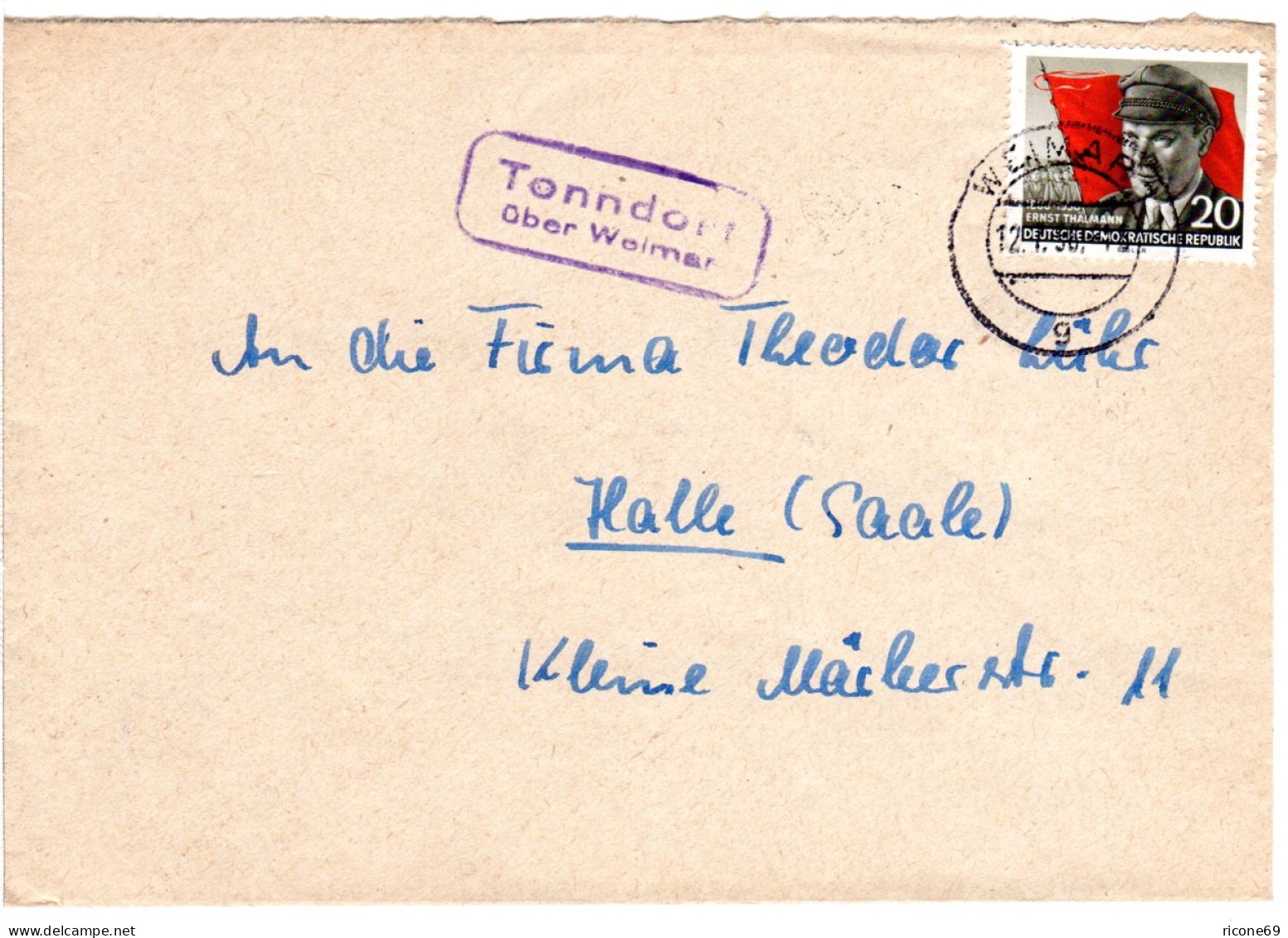 DDR 1956, Landpost Stpl. TONNDORF über Weimar Auf Brief M. 20 Pf. - Lettres & Documents