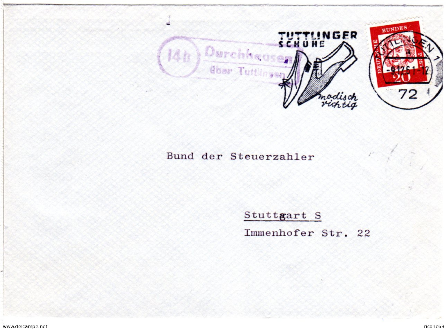 BRD 1961, Landpost Stpl. 14b DURCHHAUSEN über Tuttlingen Auf Brief M. 20 Pf. - Briefe U. Dokumente