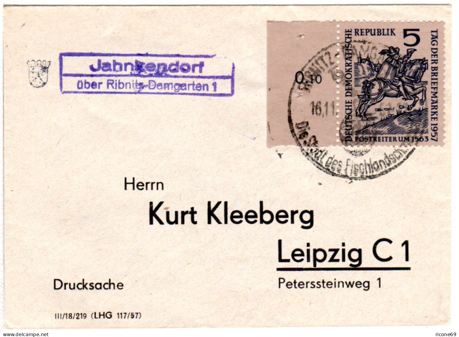 DDR 1957, Landpost Stpl. JAHNKENDORF über Ribnitz-Damgarten Auf Brief M. 5 Pf. - Covers & Documents