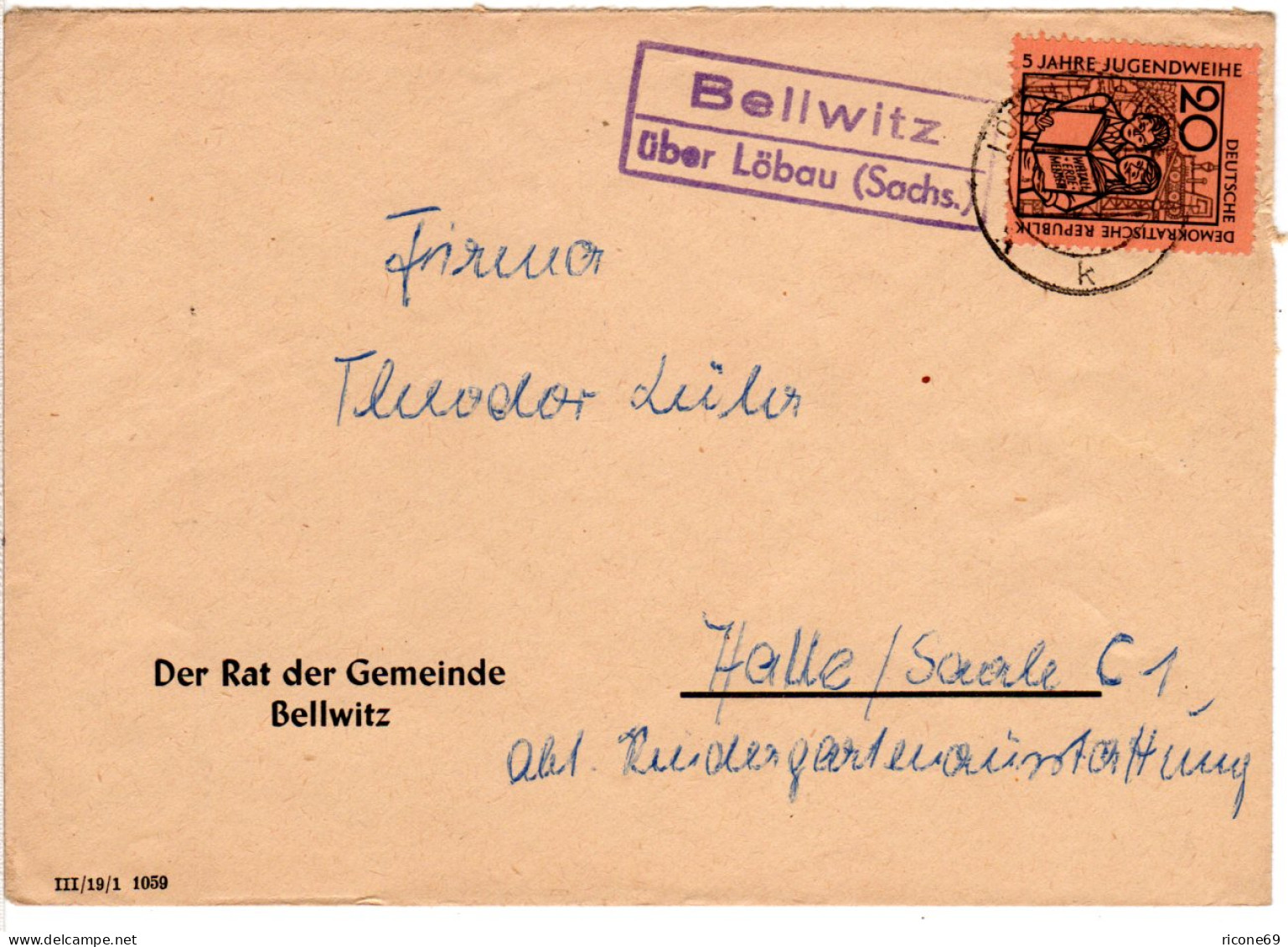 DDR 1959, Landpost Stpl. BELLWITZ über Löbau Auf Gemeinde Brief M. 20 Pf. - Lettres & Documents