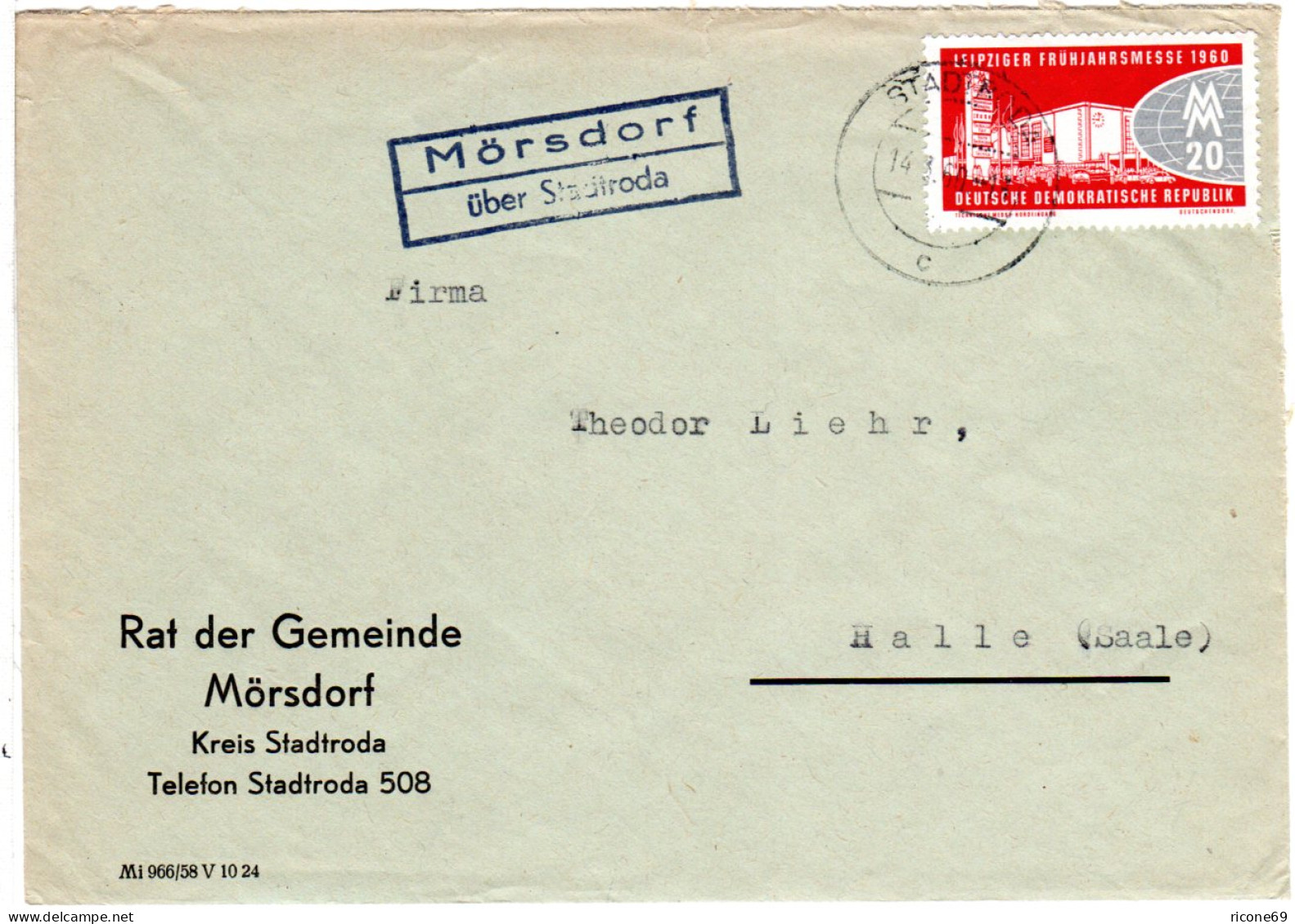 DDR 1960, Landpost Stpl. MÖRSDORF über Stadtroda Auf Gemeinde Brief M. 20 Pf. - Covers & Documents