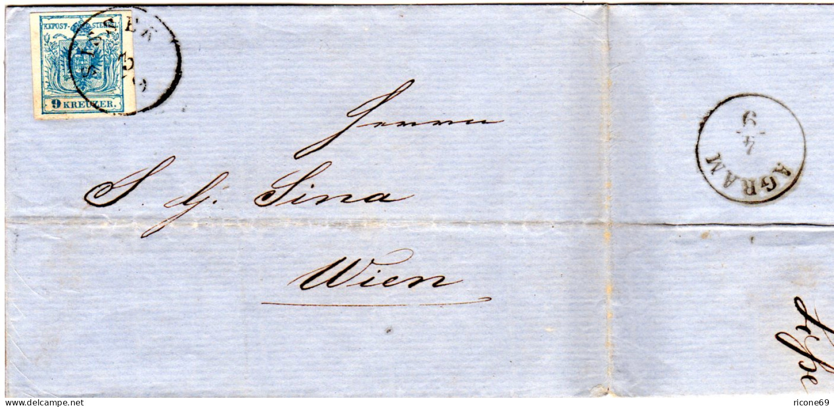 Österreich 1855, Breitrandige 9 Kr. Auf Brief V. K1 SISSEK Via Agram N. Wien - Covers & Documents