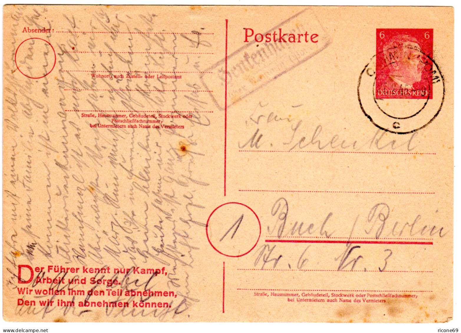 DR 1945, Landpoststpl. HENKENHAGEN über Cammin, Späte Karte Vom 27. Feb. 1945!  - Lettres & Documents