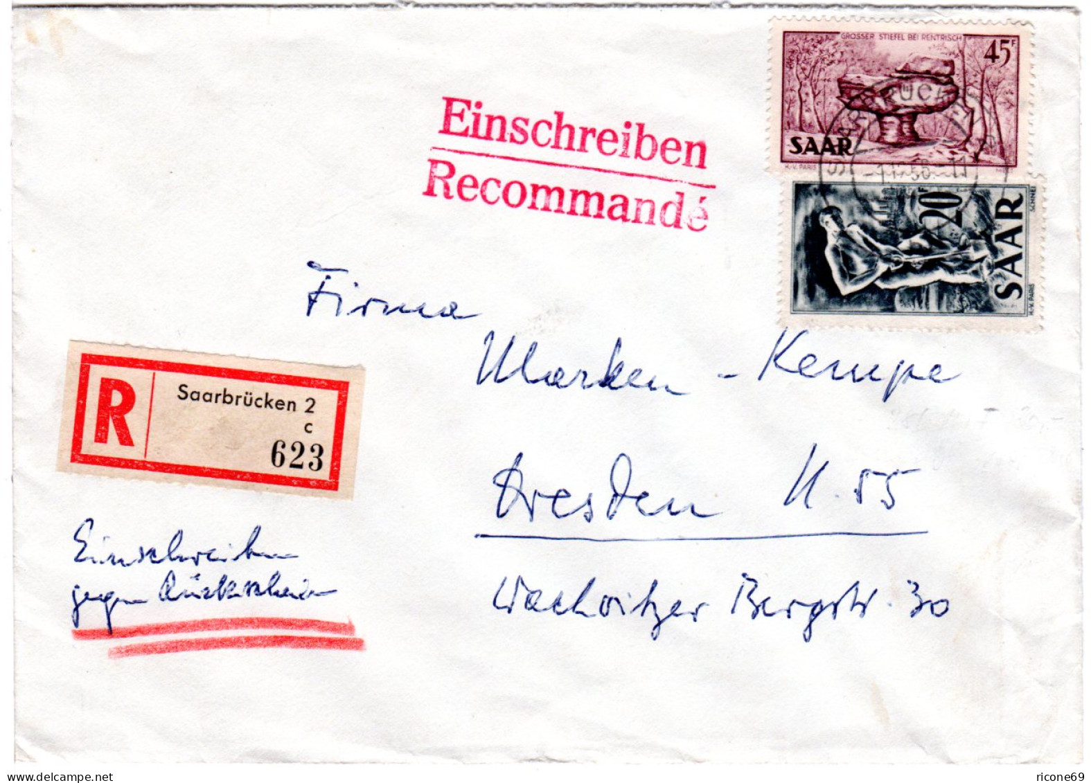 Saar 1956, 20+45 F. Auf Portorichtigem Einschreiben-Rückschein Brief  - Covers & Documents