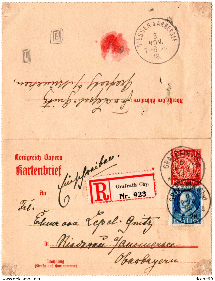 Bayern 1918, 20 Pf. Zusatzfr. Auf Eingeschr. 10 Pf. Kartenbrief V. Grafrath - Lettres & Documents