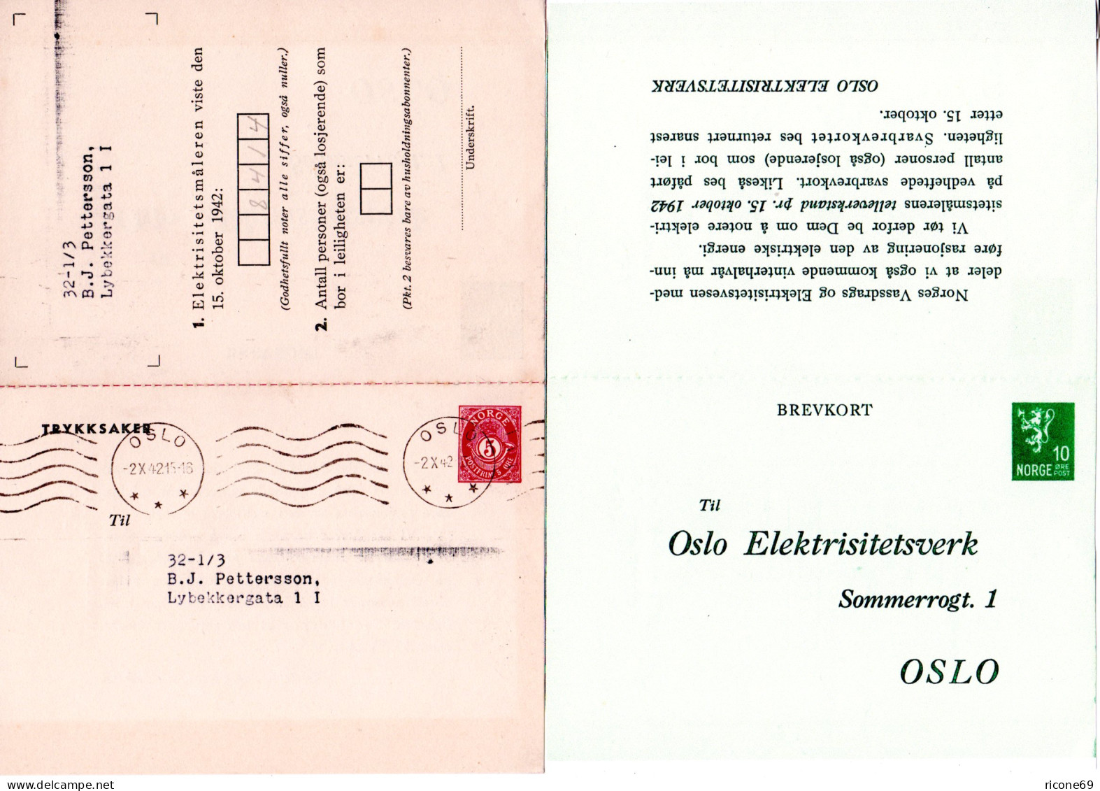 Norwegen 1942, Gebr. 5+10 Doppelkarte Ganzsache Des Oslo Elektrisitetsverk - Lettres & Documents