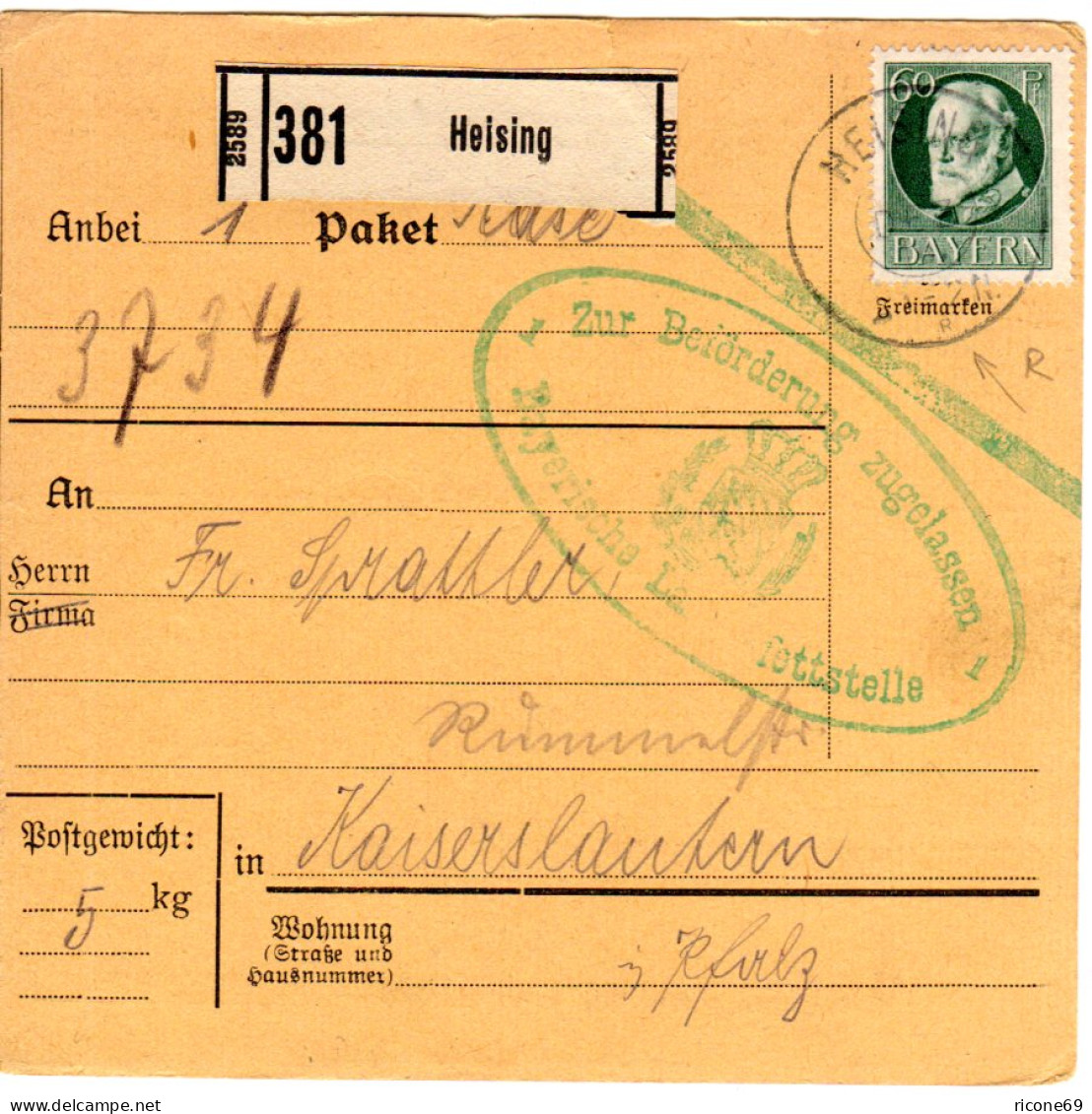 Bayern 1916, Reservestempel HEISING R Auf Paketkarte M. EF 60 Pf. I.d. Pfalz. - Covers & Documents