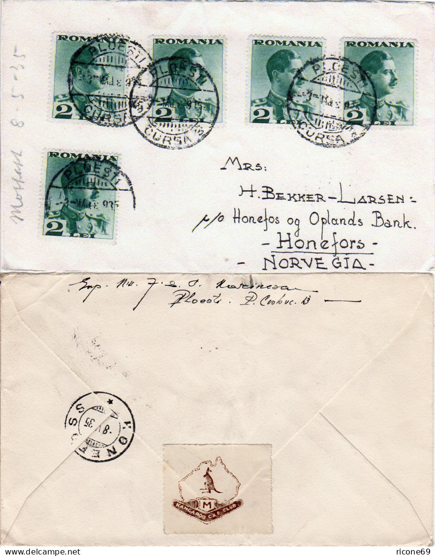 Rumänien 1935, MeF 5x2 L. Auf Brief V. Ploesti M. Kangaroo C & E Club Vignette  - Other & Unclassified