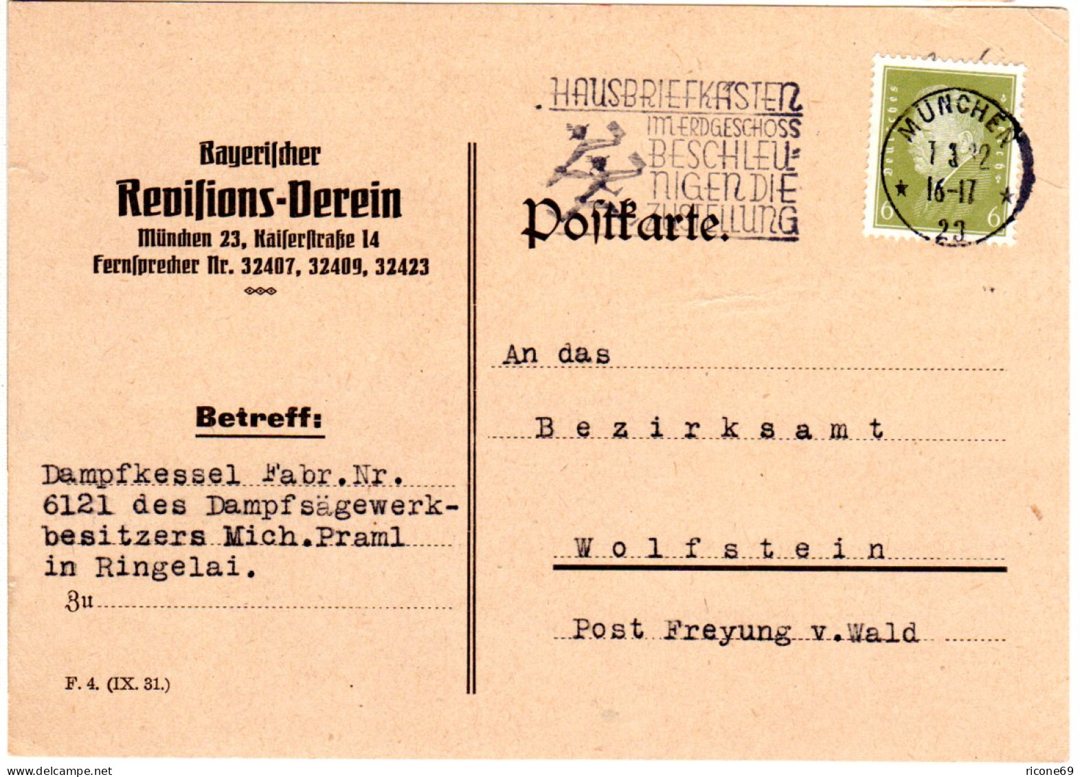 DR 1932, Karte D. Bayr. Revisions Vereins V. München N. Wolfstein Post Freyung - Covers & Documents