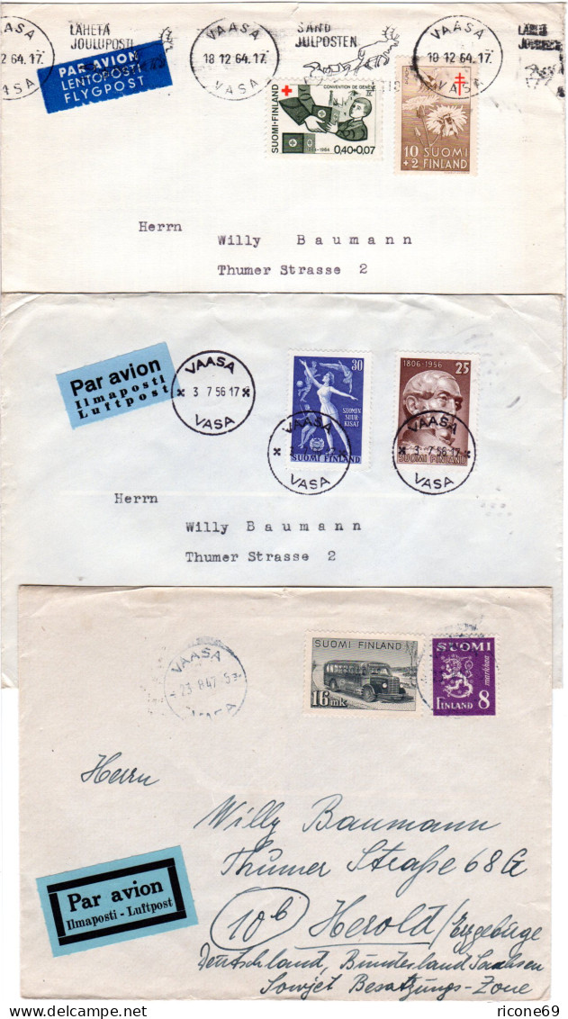 Finnland 1947/64, 3 Briefe M. Versch. Luftpost Etiketten V. Vaasa N. Deutschland - Andere & Zonder Classificatie