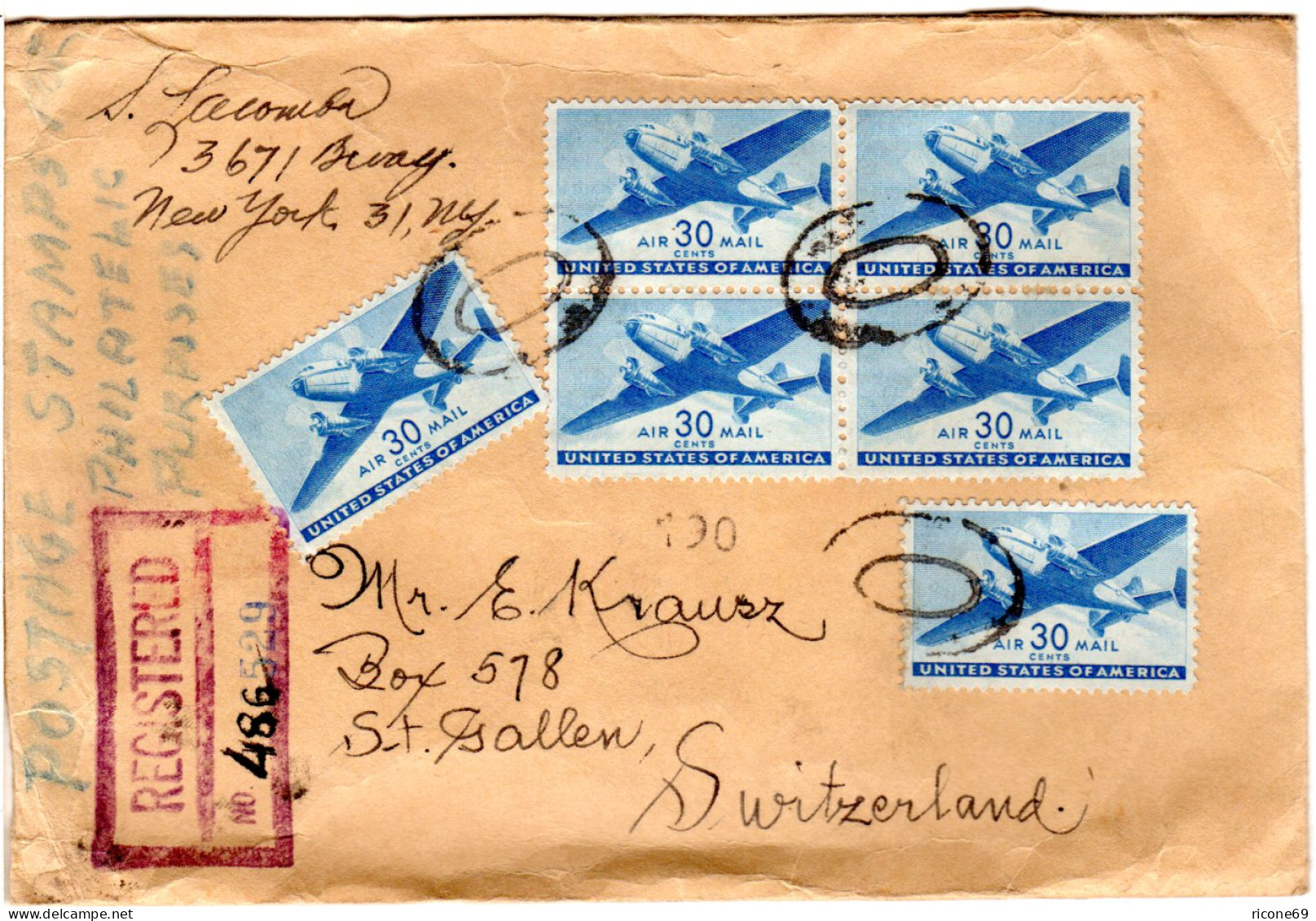 USA 1945, 10 Marken Auf Einschreiben Brief V. NY I.d. Schweiz - Other & Unclassified