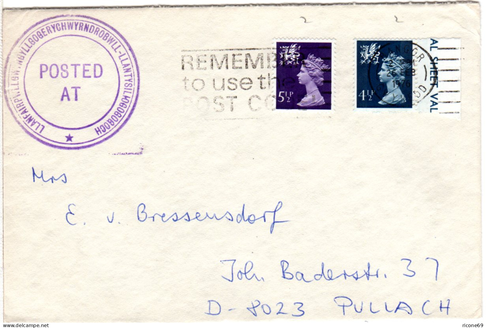 GB 1976, Brief V. Llanfairpwll..goch, Längster Europ. Ortsname, 58 Buchstaben! - Other & Unclassified