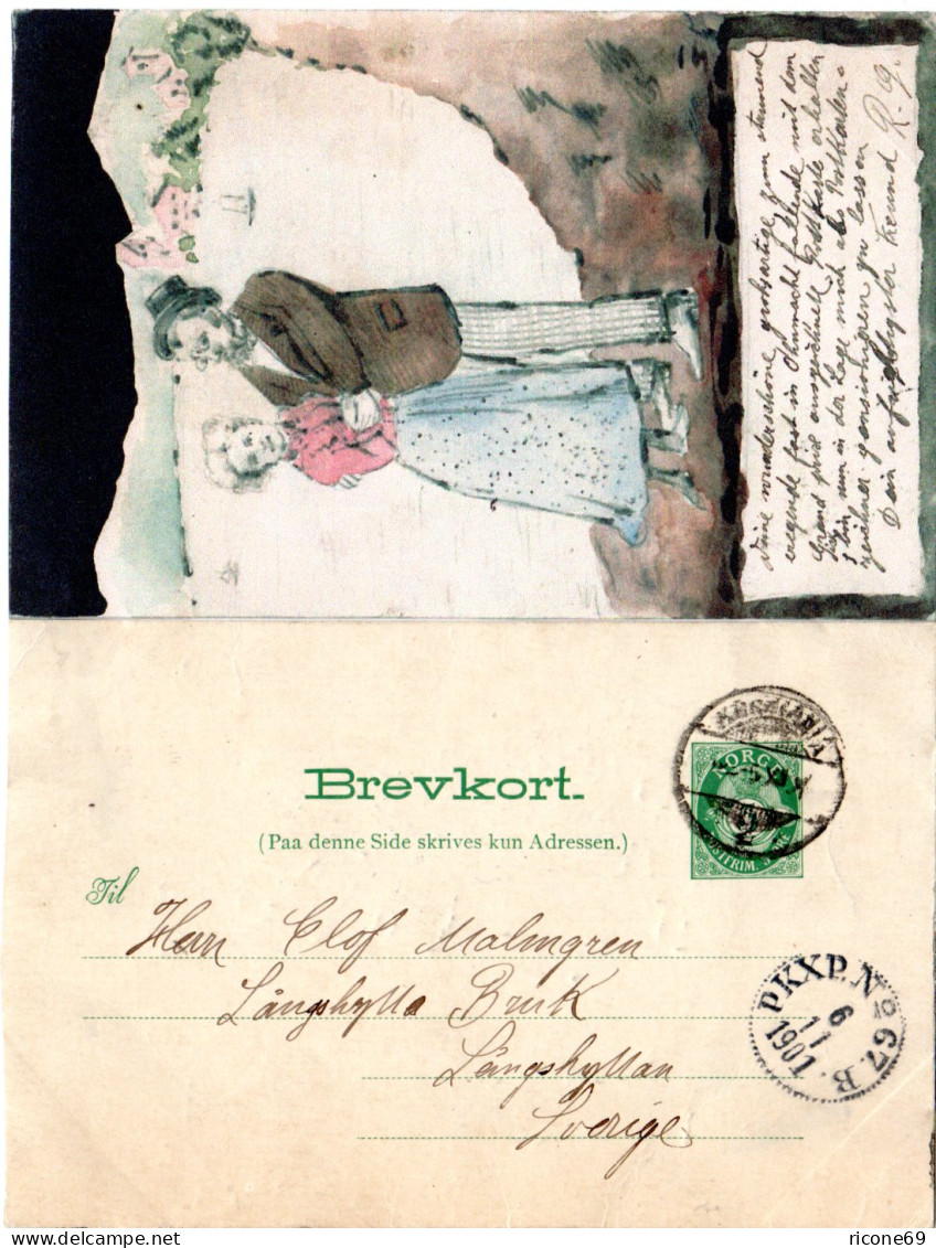 Norwegen 1901, 5 öre Ganzsache M. Rs. Zeichnung V. Kristiania N. Schweden - Covers & Documents