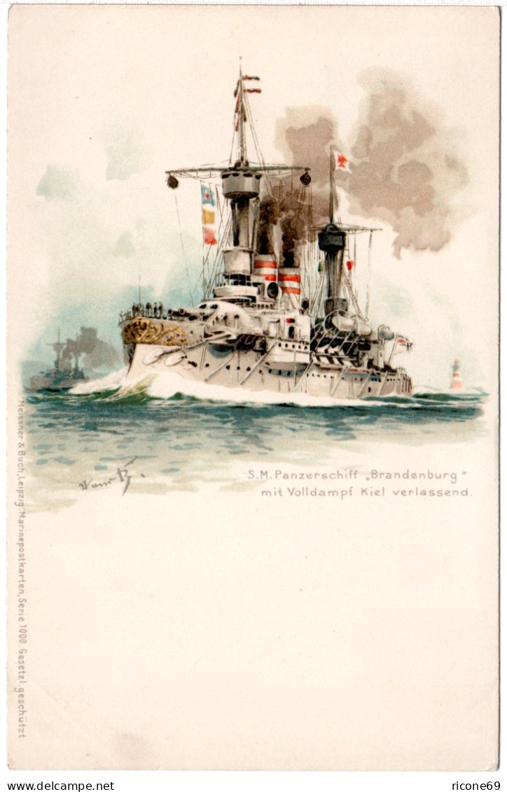 SMS Panzerschiff Brandenburg Kiel Verlassend, Ungebr. Litho-AK - Autres & Non Classés