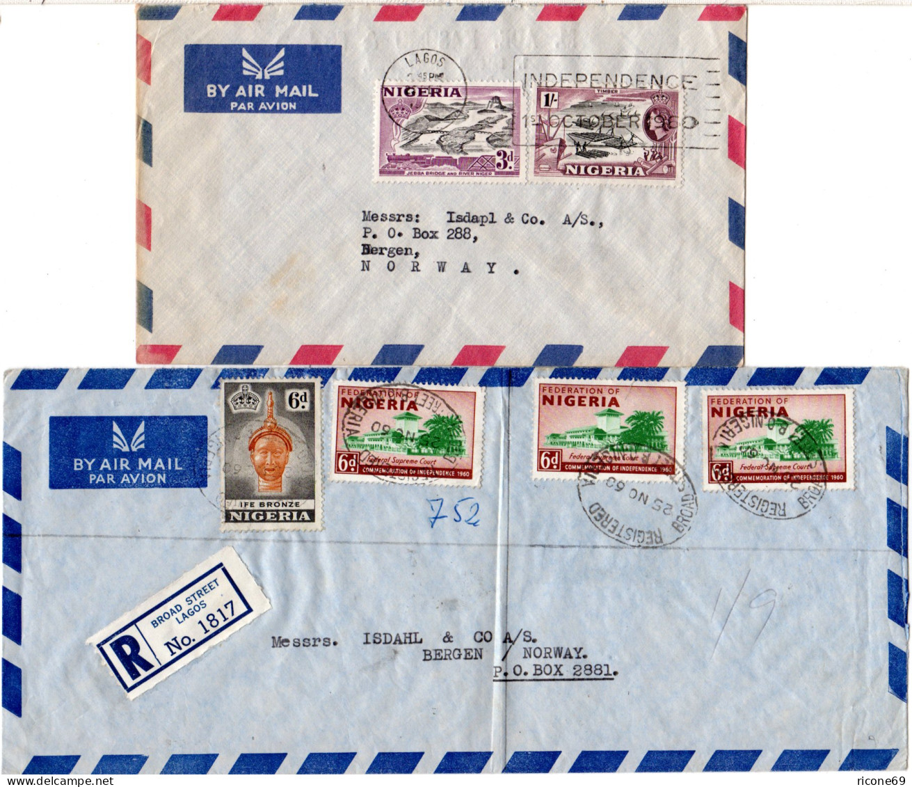 Nigeria 1960, 2 Luftpost Briefe M. Versch. Frankaturen V. Lagos N. Norwegen  - Autres - Afrique