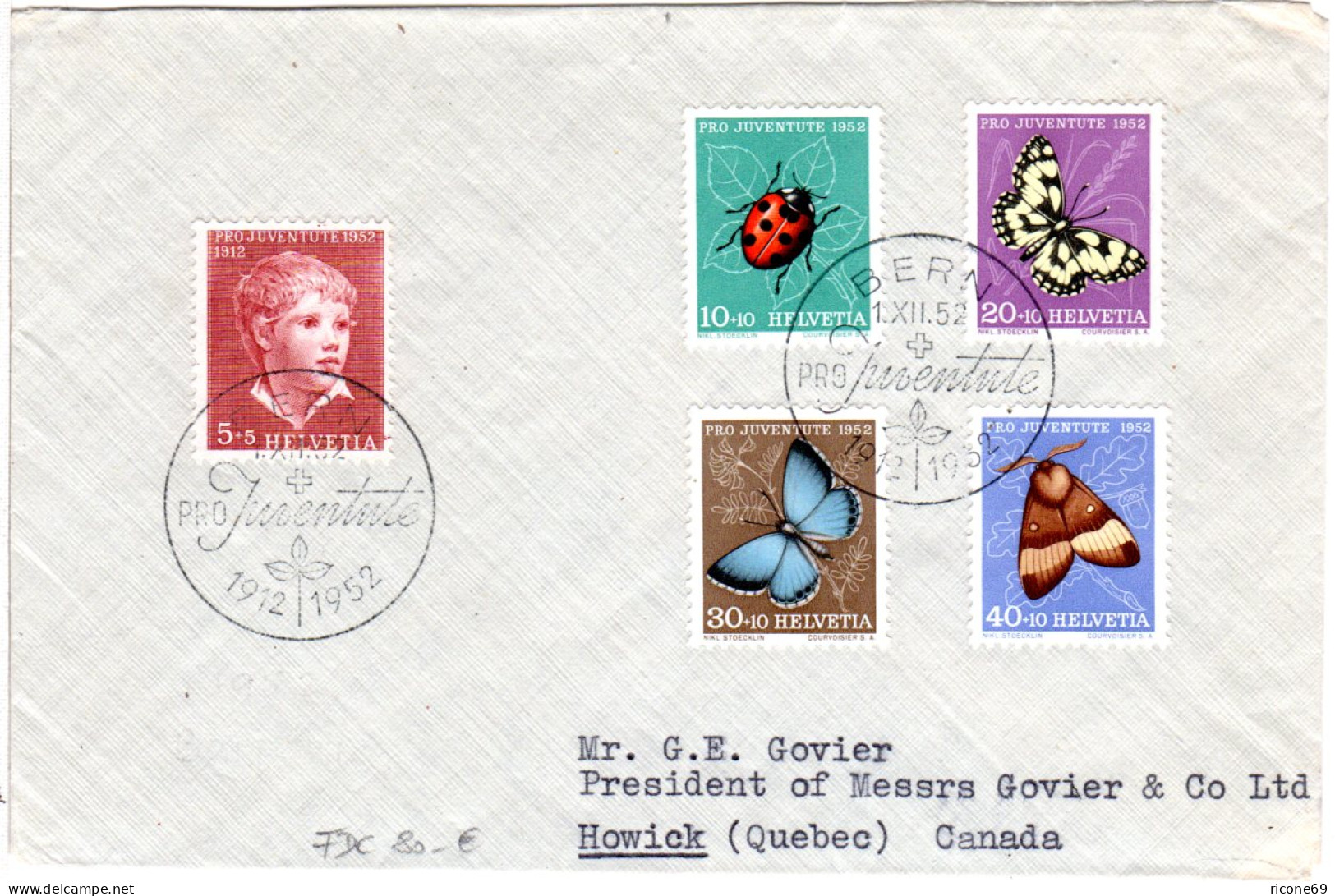 Schweiz, Pro Juventute 1952 Auf FDC V. Bern N.Kanada - Sonstige & Ohne Zuordnung