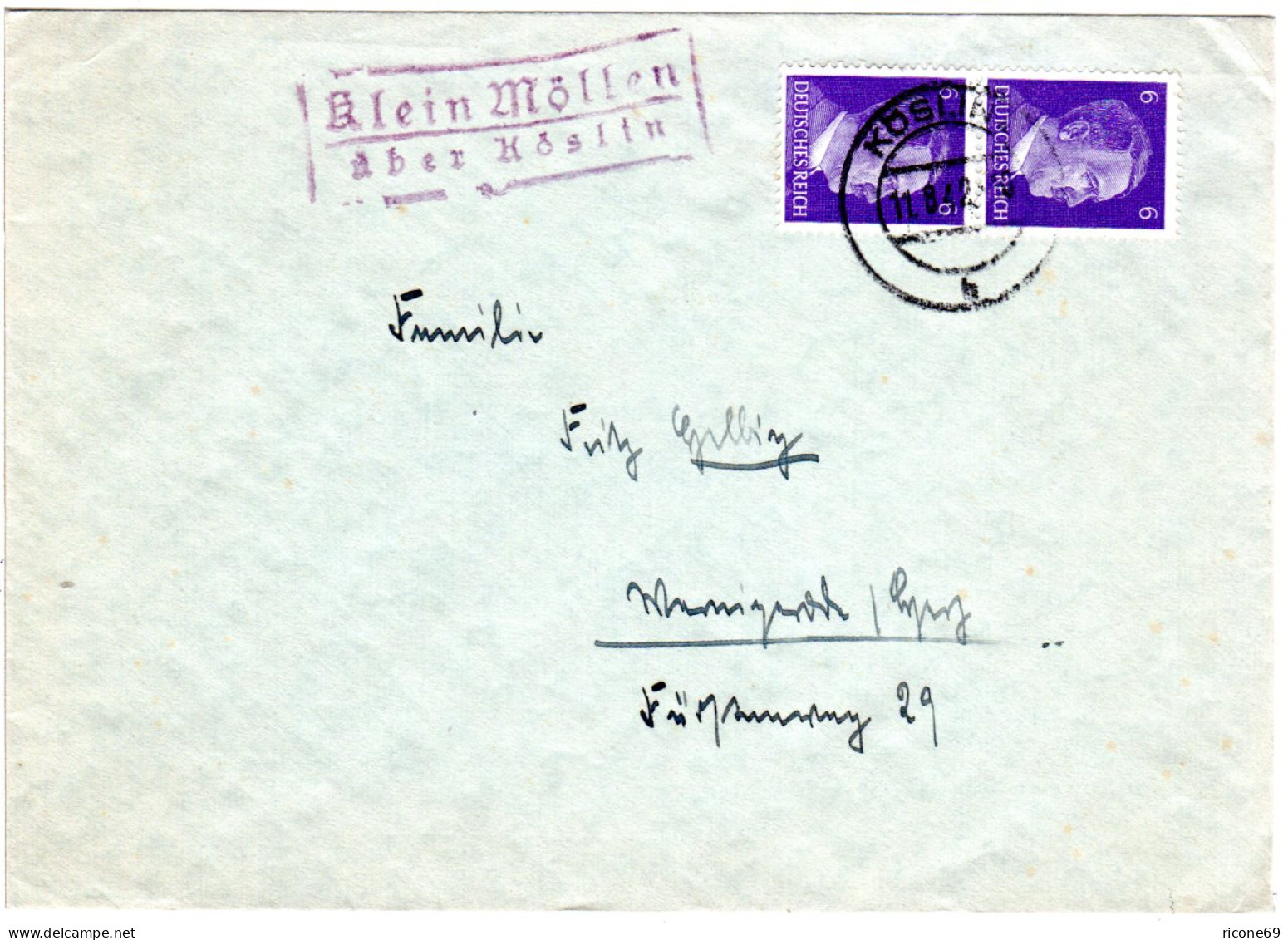 DR 1942, Landpost Stpl. Klein Möllen über Köslin Auf Brief M. 2x6 Pf. - Lettres & Documents