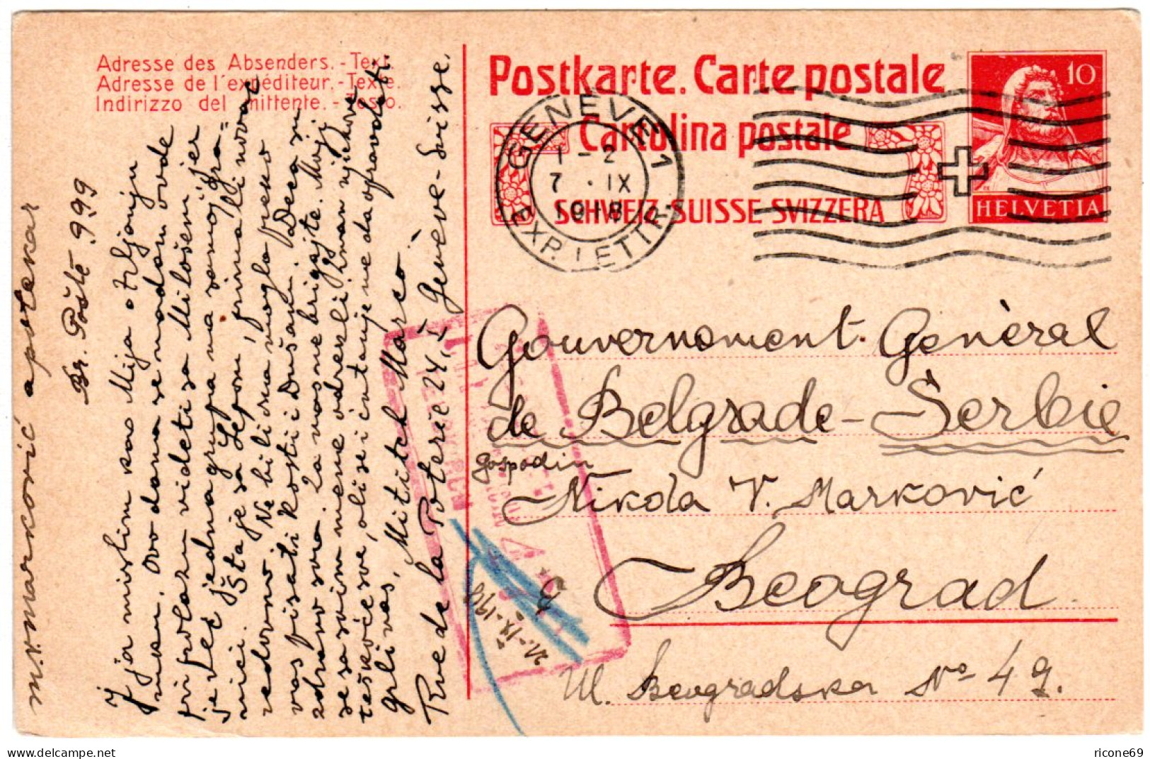 Schweiz 1919, 10 C. Ganzsache V. Geneve M. Feldkirch Zensur N. Serbien! - Briefe U. Dokumente