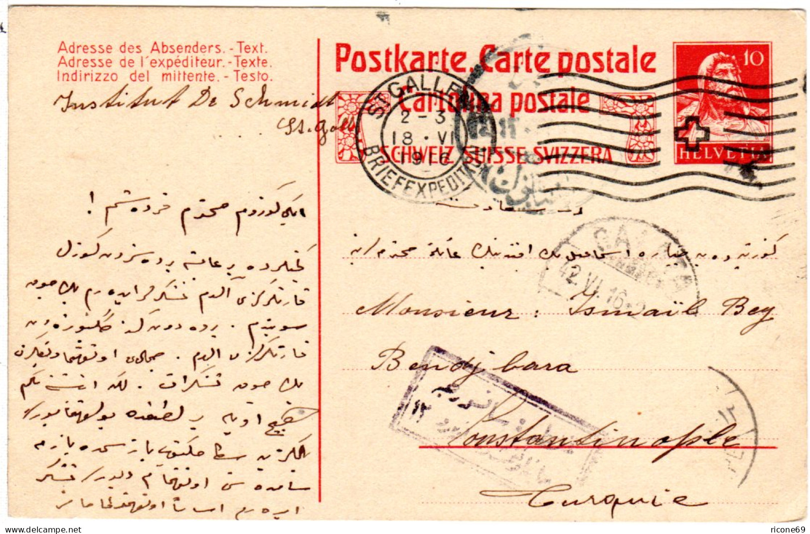 Schweiz 1916, 10 C. Ganzsache V. St. Gallen M. Türkei Zensur N. Constantinopel - Covers & Documents