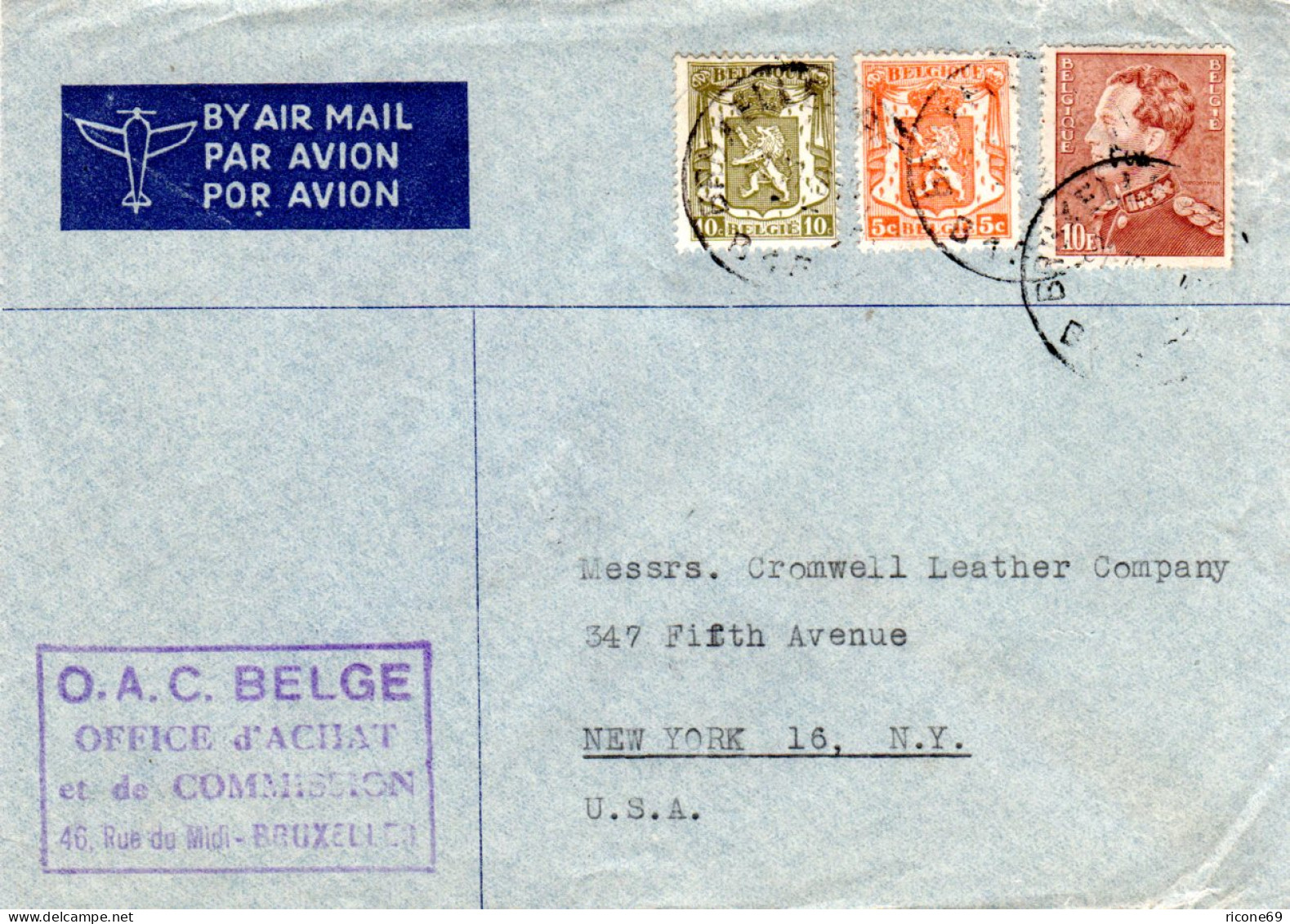 Belgien 1946, 10 Fr.+5+10 C. Auf Luftpost Brief V. Brüssel N. USA - Autres & Non Classés
