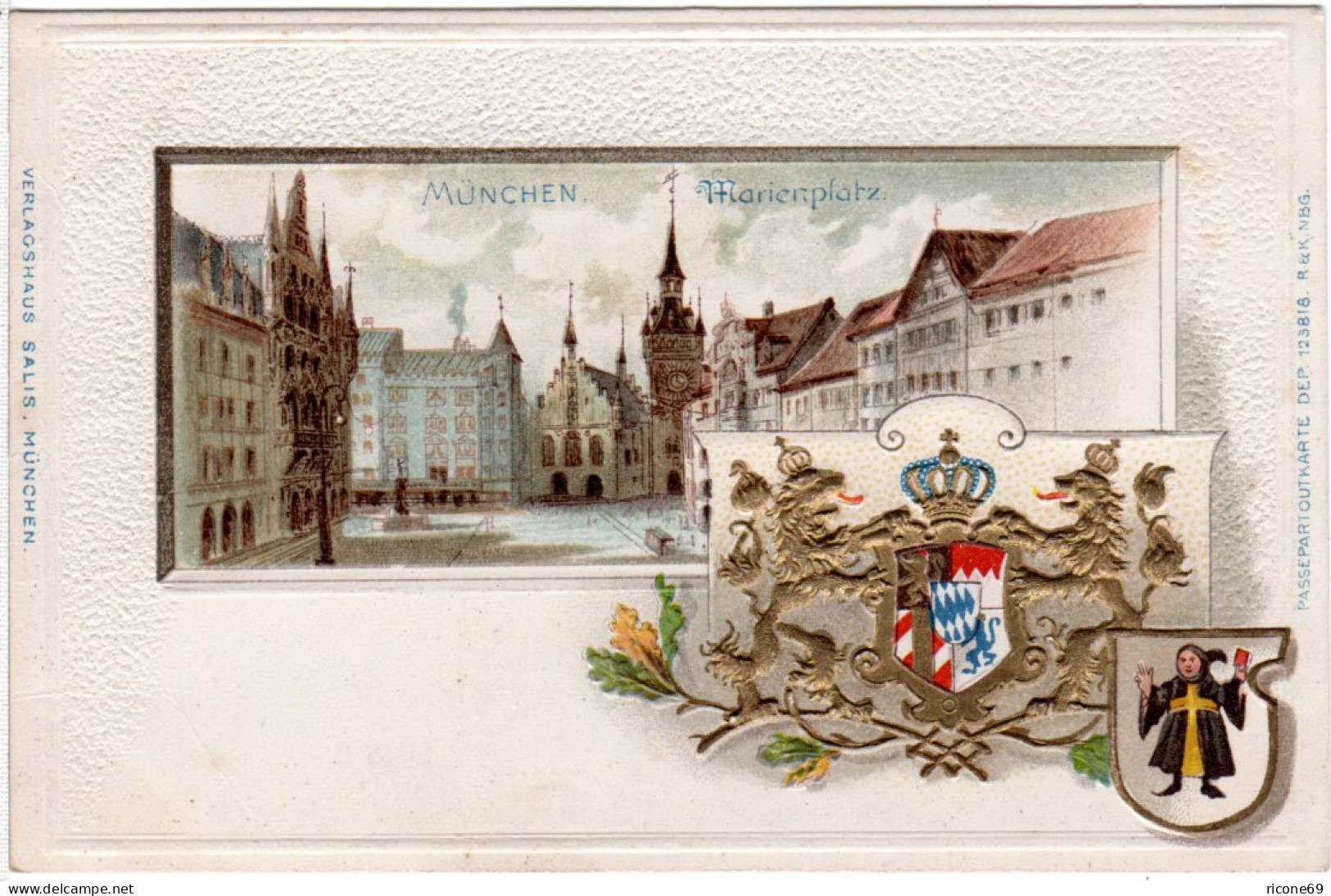 München, Marienplatz U. Wappen, Ungebr. Präge-Farb-Litho-AK - Other & Unclassified