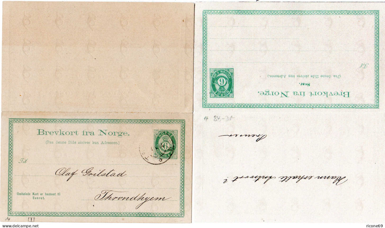Norwegen P 14, Gebr. 6+6 öre Doppelkarte Ganzsache M. Stpl. Trondhjem - Lettres & Documents