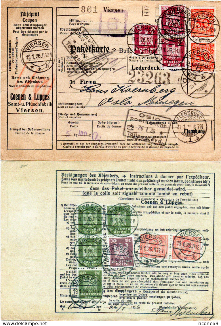 DR 1926, 12 Marken Vorder- U. Rücksetig Auf Paketkarte V. VIERSEN N. Norwegen - Lettres & Documents