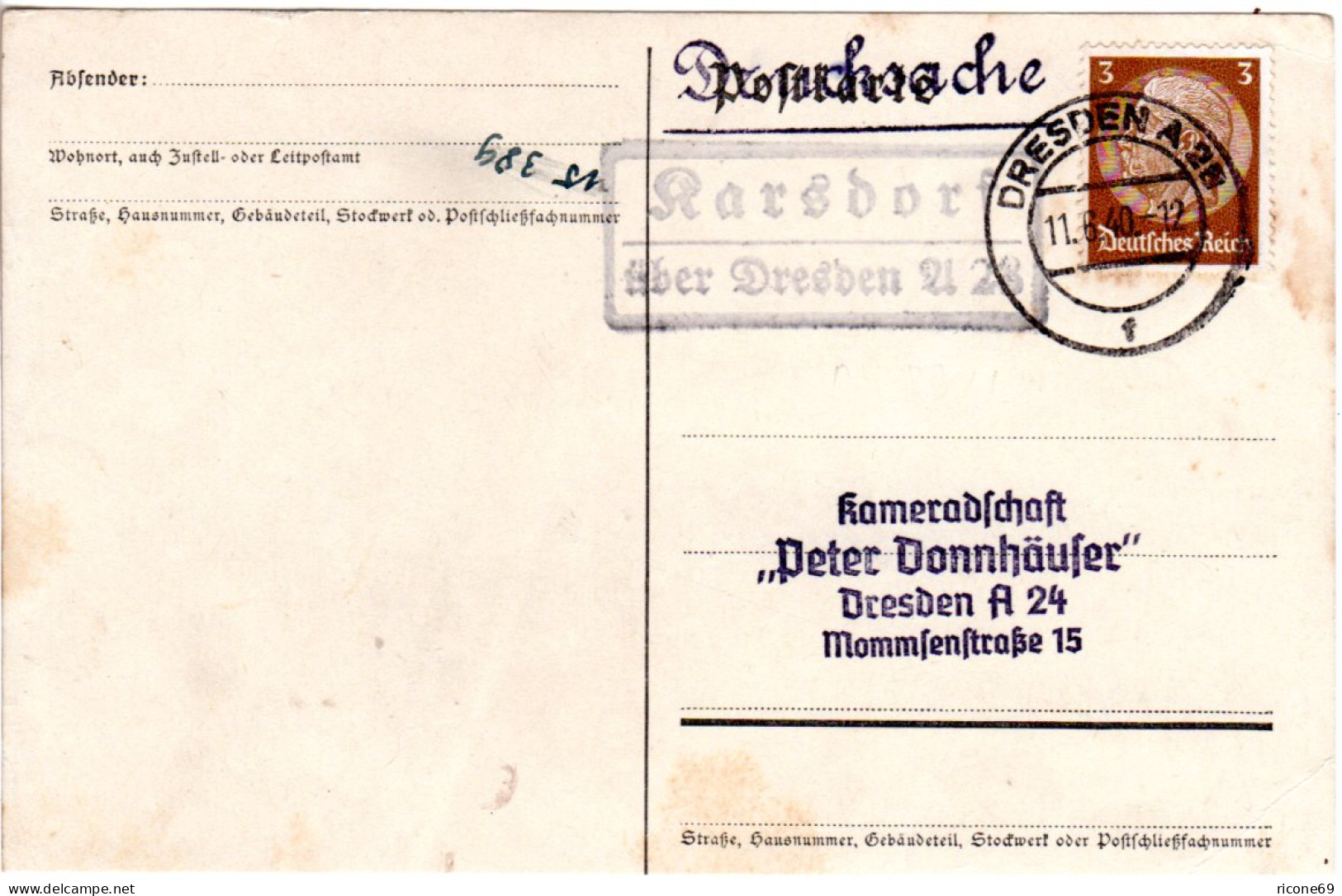 DR 1940, Landpost Stpl. KARSDORF über Dresden A 28 Auf Drucksache-Karte M. 3 Pf - Lettres & Documents