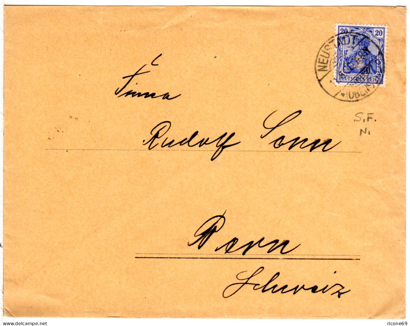 DR 1906, 20 Pf. Germania M. Perfin S.F.N. Auf Brief V. Neustadt Oberschlesien - Covers & Documents
