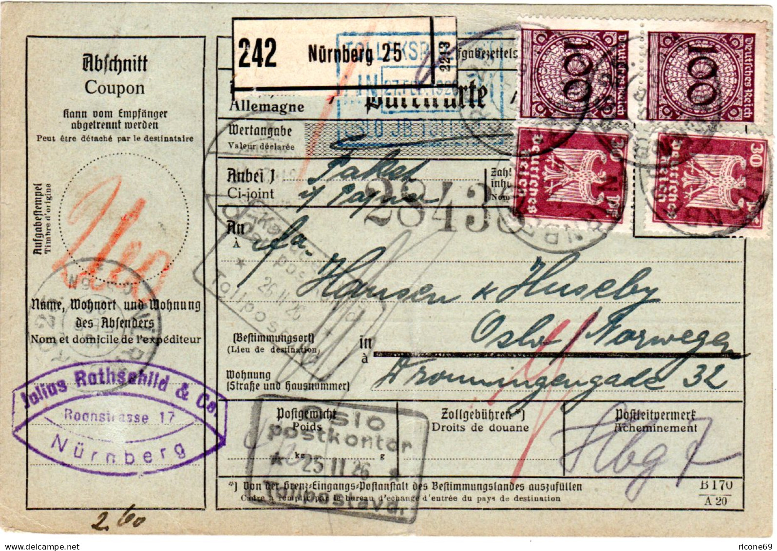 DR 1926, 2x30+2x100 Pf. Auf Paketkarte V. Nürnberg N. Norwegen - Brieven En Documenten