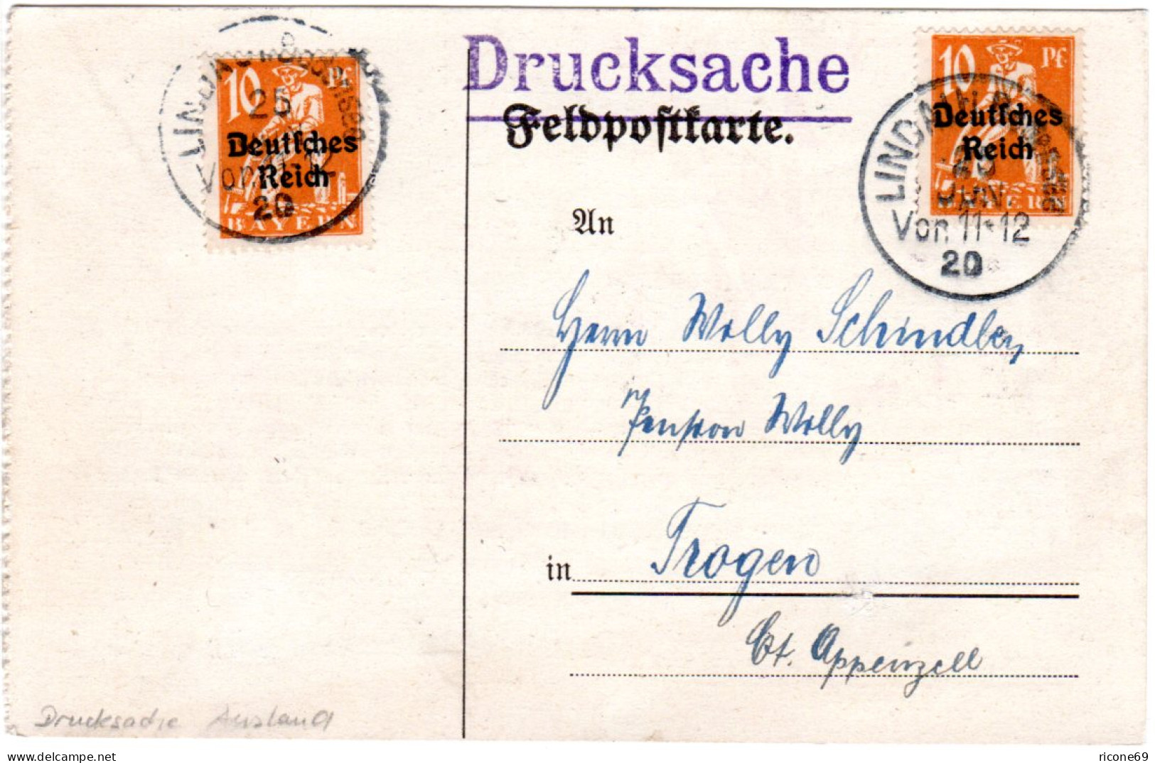 DR 1920, 2x10 Pf. Bayern Abschied, Reine MeF Auf Auslands Drucksache V. Lindau - Cartas & Documentos